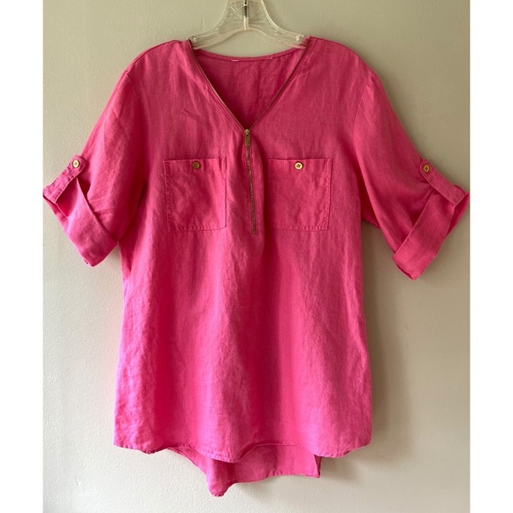 ELLEN TRACY Roll Tab Sleeve Linen Tunic Hot Pink V Neck Blouse Pockets Size M - Picture 1 of 9